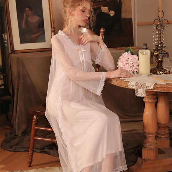  Pink Vintage Romantic See-Through Long-Sleeved Big Bow Polka-Dot Lace Mesh Nightwear Nightdress