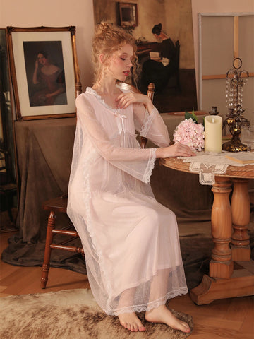  Pink Vintage Romantic See-Through Long-Sleeved Big Bow Polka-Dot Lace Mesh Nightwear Nightdress