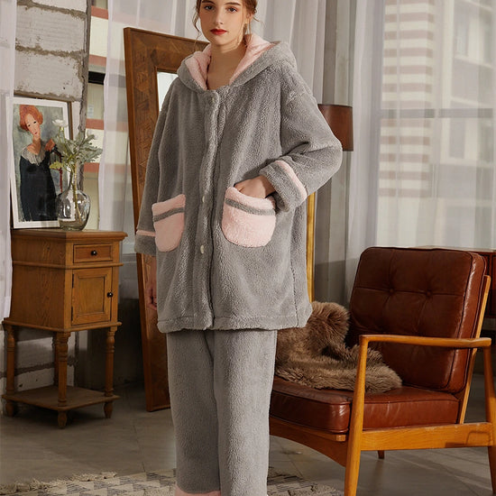 Grey Classic Colorblock Thick Hooded Button Pocket Polar Fleece Loungewear Pajama set
