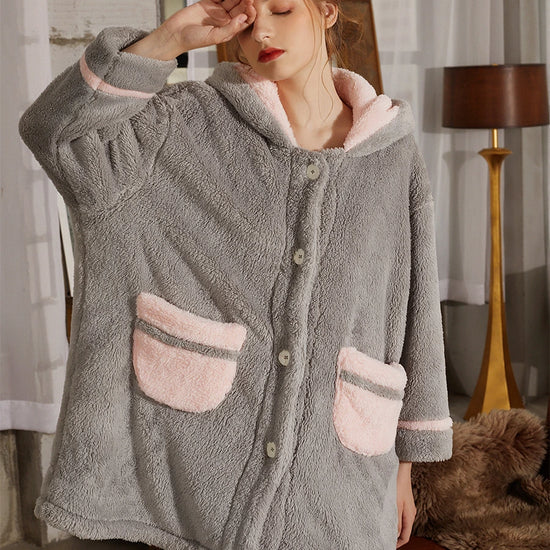 Grey Classic Colorblock Thick Hooded Button Pocket Polar Fleece Loungewear Pajama set