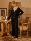 Black lace trim pajama set with soft cardigan for women