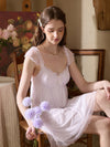 Slessic romantic light purple mesh nightgown with ruffle trim and delicate bow details in a vintage inspired setting