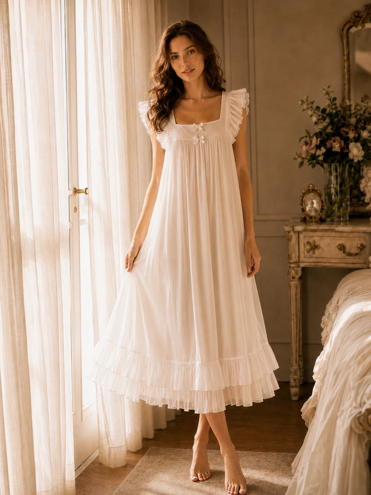 SlesSic Vintage Ruffle Nightgown for Women – Soft Viscose Sleeveless Sleep Dress White / L