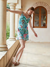 Resort-inspired satin nightdress with colorful tropical print