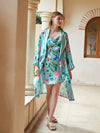 Luxury aqua satin sleepwear set with matching robe and cowl neck dress