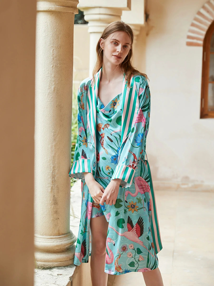 SlesSic Tropical Satin Sleepwear Set – Printed Slip Dress & Matching Robe Slip / L