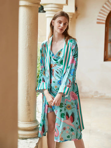 Slessic Classic Fashion Satin Unique Stripe Flamingo Pattern Design Robe Slip Nightwear Sleepwear Nightdress Set