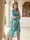Elegant tropical print loungewear robe with striped trim detailing