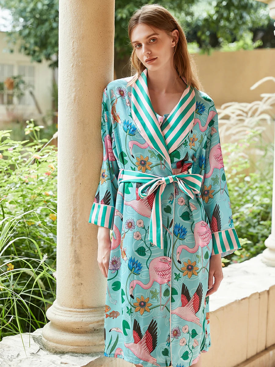 Slessic Classic Fashion Satin Unique Stripe Flamingo Pattern Design Robe Slip Nightwear Sleepwear Nightdress Set