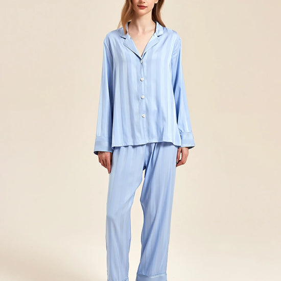 Slessic Classic Elegant Satin Double-Sided Jacquard Shiny Large Stripes Long-Sleeved Nightwear Loungewear Pajama Set