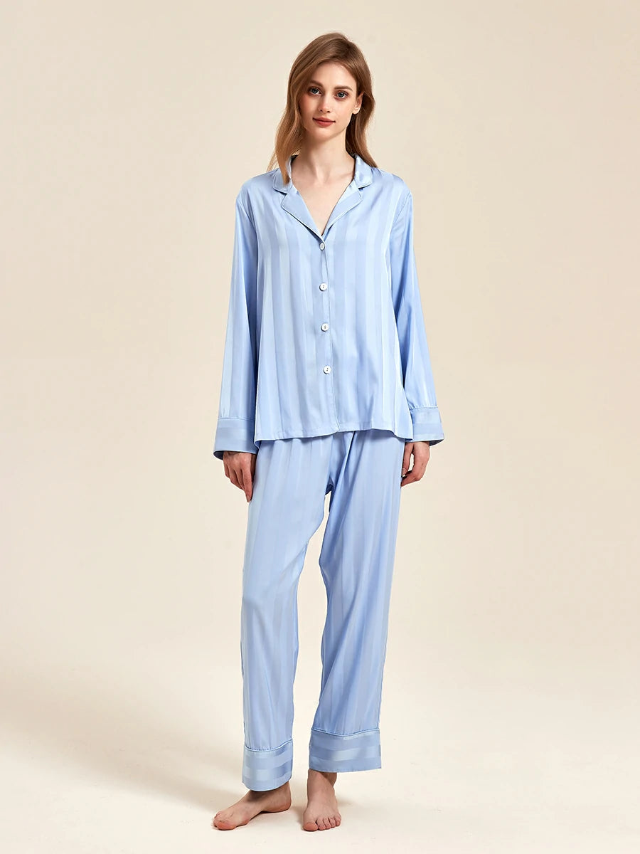 Slessic Classic Elegant Satin Double-Sided Jacquard Shiny Large Stripes Long-Sleeved Nightwear Loungewear Pajama Set