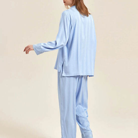 Slessic Classic Elegant Satin Double-Sided Jacquard Shiny Large Stripes Long-Sleeved Nightwear Loungewear Pajama Set