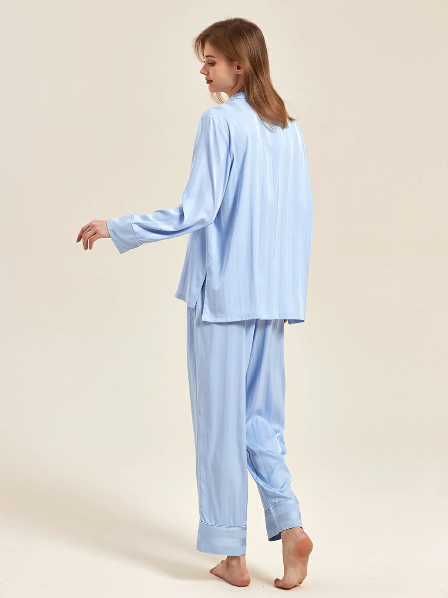 Slessic Classic Elegant Satin Double-Sided Jacquard Shiny Large Stripes Long-Sleeved Nightwear Loungewear Pajama Set