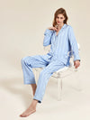 Women's light blue satin stripe pajama set with button front long sleeve top