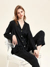 Women's elegant black silky pajama set with button-front shirt