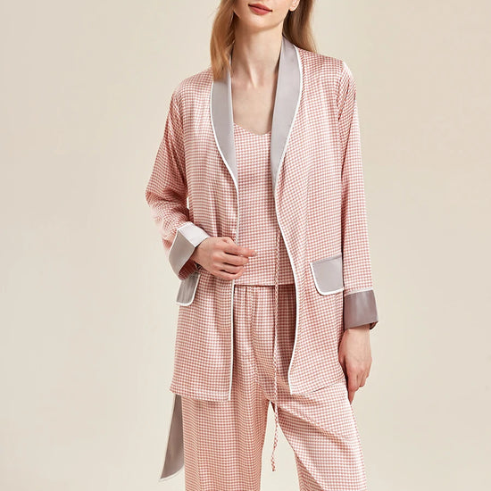 Slessic Classic Satin Houndstooth Elegant Long Sleeve Three Piece Camisole Robe Loungewear Nightwear Pajama Set