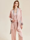 Pink satin trim pajama lounge set with matching robe and wide-leg pants