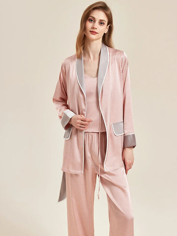 Slessic Classic Satin Houndstooth Elegant Long Sleeve Three Piece Camisole Robe Loungewear Nightwear Pajama Set