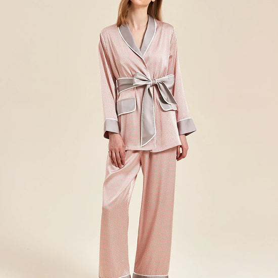 Slessic Classic Satin Houndstooth Elegant Long Sleeve Three Piece Camisole Robe Loungewear Nightwear Pajama Set