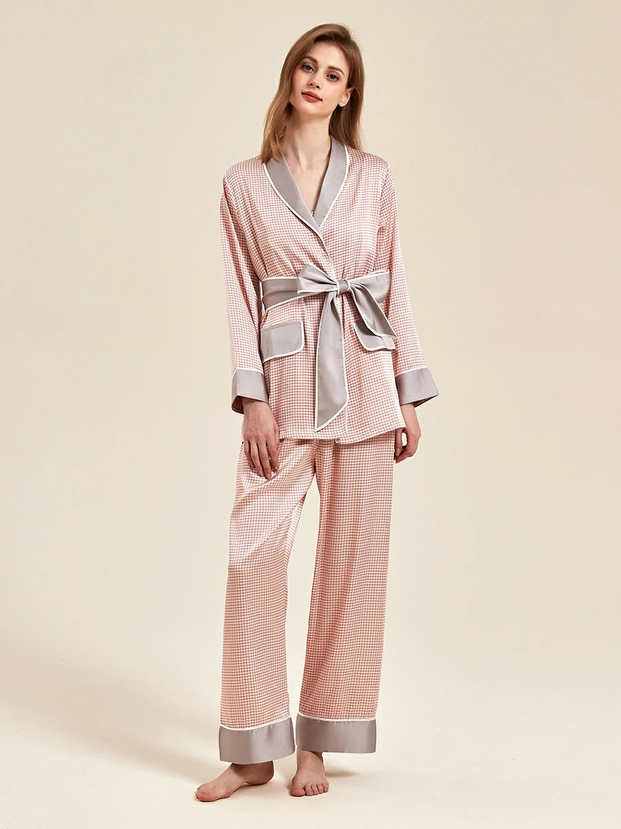 Slessic Classic Satin Houndstooth Elegant Long Sleeve Three Piece Camisole Robe Loungewear Nightwear Pajama Set