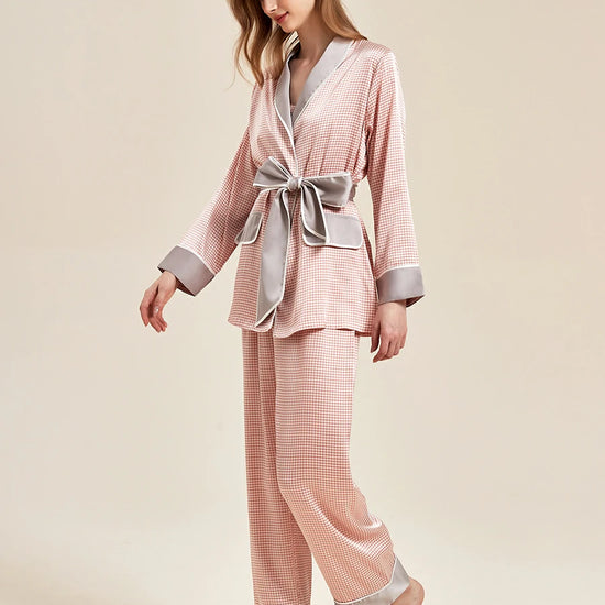 Slessic Classic Satin Houndstooth Elegant Long Sleeve Three Piece Camisole Robe Loungewear Nightwear Pajama Set