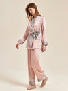 Side view of feminine pink check pajama lounge ensemble