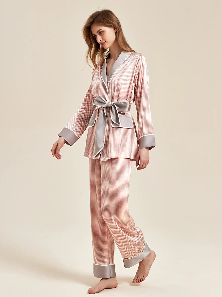 Slessic Classic Satin Houndstooth Elegant Long Sleeve Three Piece Camisole Robe Loungewear Nightwear Pajama Set