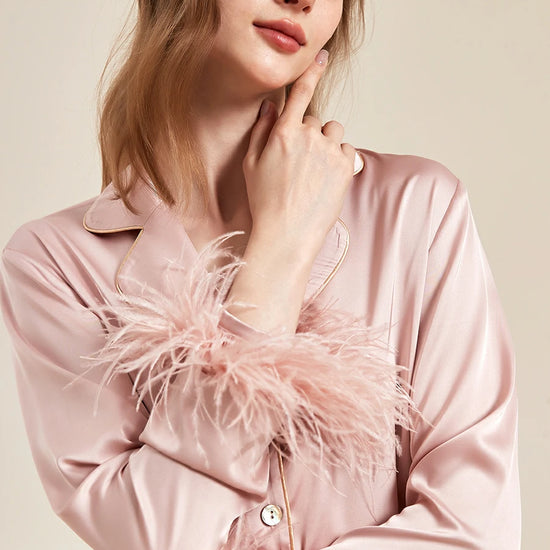 Slessic Classic Spring And Summer Fancy Satin Detachable Ostrich Feather Long-Sleeved Pocket Nightwear Loungewear Pajama Set