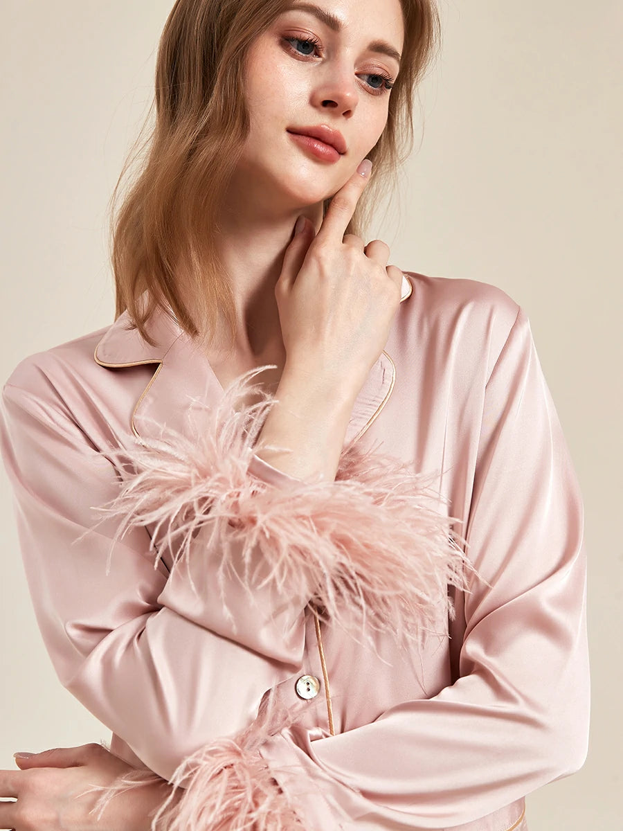 Slessic Classic Spring And Summer Fancy Satin Detachable Ostrich Feather Long-Sleeved Pocket Nightwear Loungewear Pajama Set