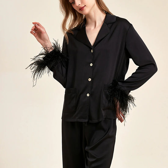 Slessic Classic Spring And Summer Fancy Satin Detachable Ostrich Feather Long-Sleeved Pocket Nightwear Loungewear Pajama Set