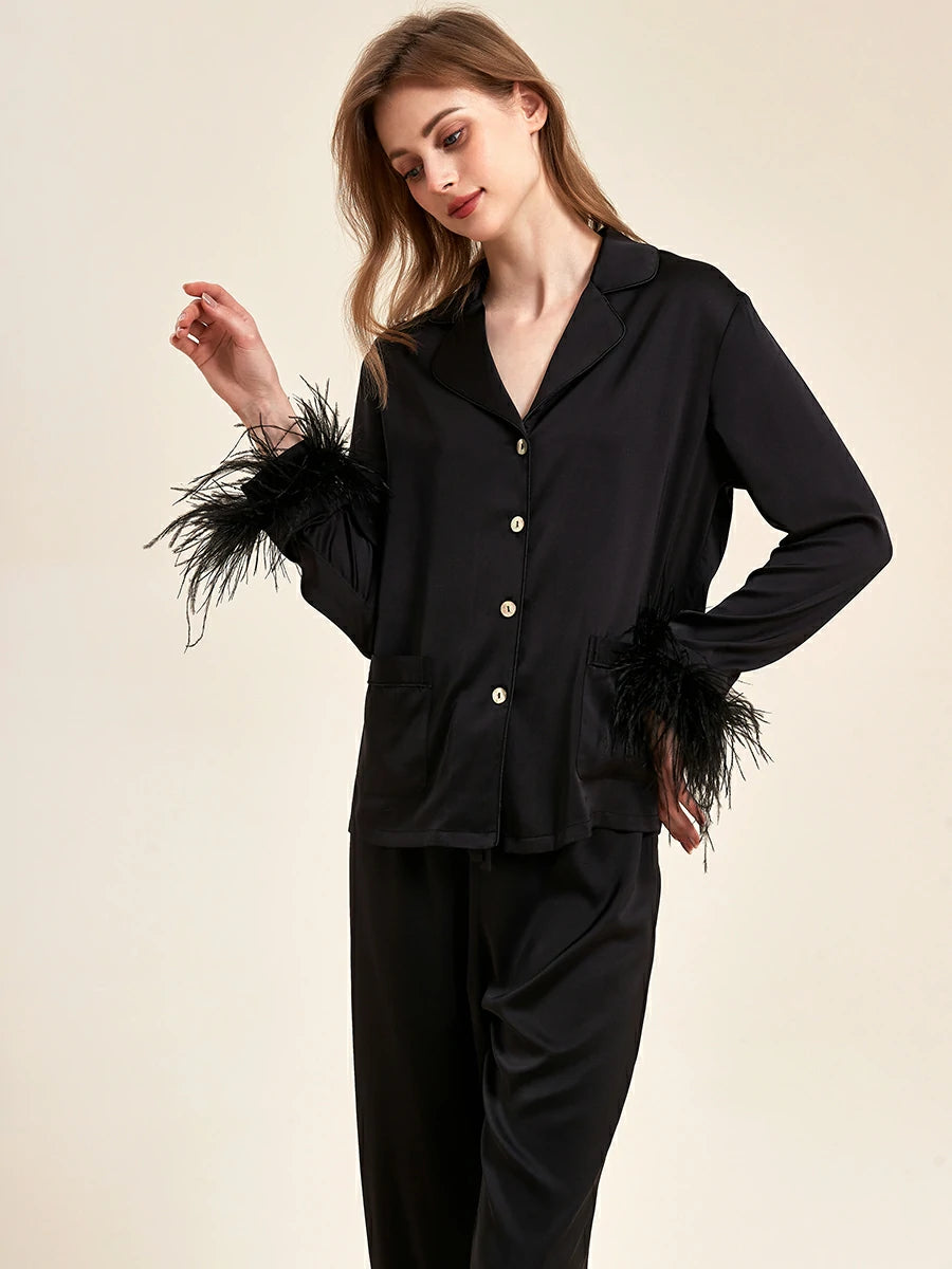 Slessic Classic Spring And Summer Fancy Satin Detachable Ostrich Feather Long-Sleeved Pocket Nightwear Loungewear Pajama Set