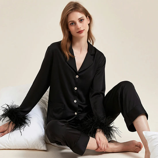 Slessic Classic Spring And Summer Fancy Satin Detachable Ostrich Feather Long-Sleeved Pocket Nightwear Loungewear Pajama Set