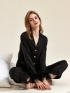 Black luxury satin pajama set with feather trim