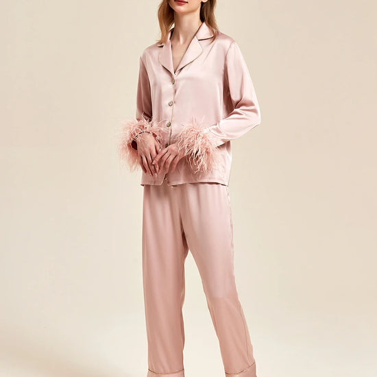 Slessic Classic Spring And Summer Fancy Satin Detachable Ostrich Feather Long-Sleeved Pocket Nightwear Loungewear Pajama Set