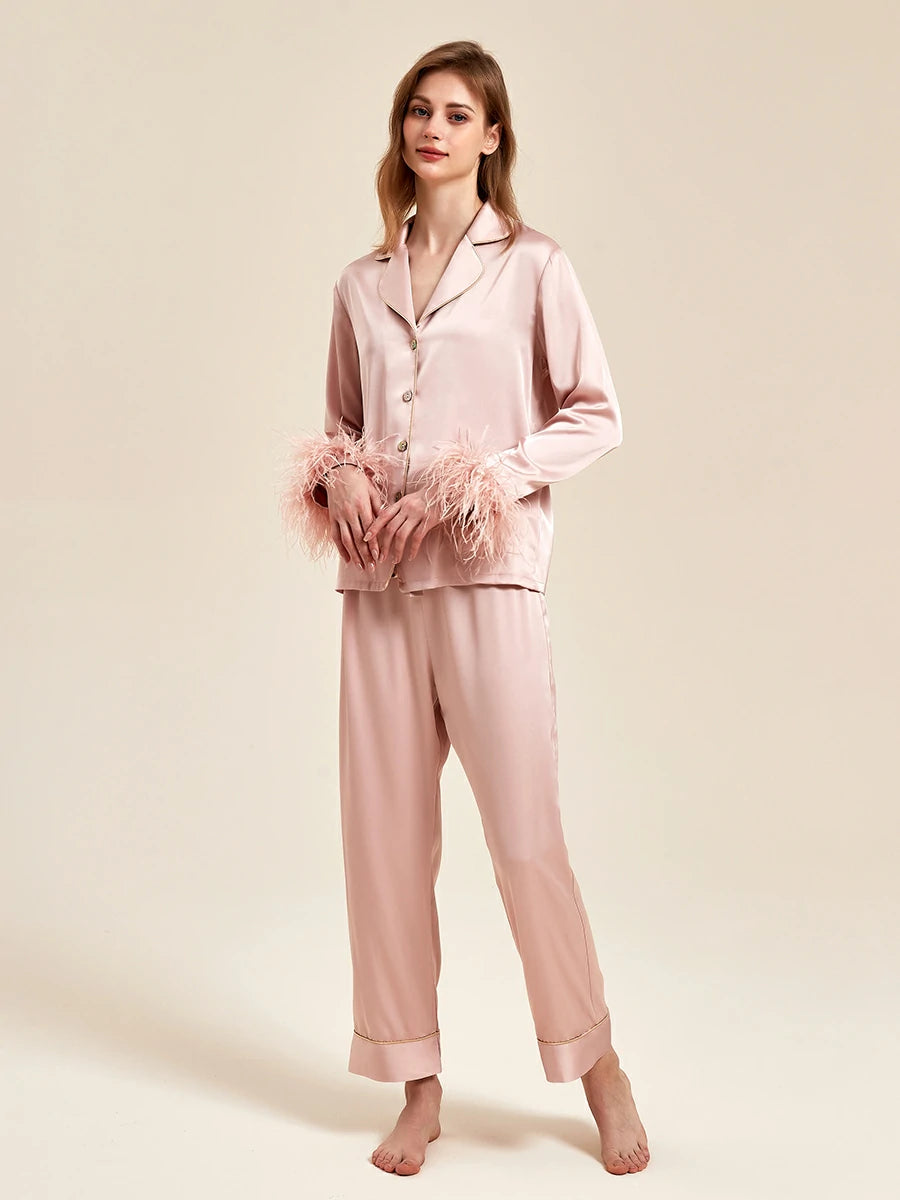 Slessic Classic Spring And Summer Fancy Satin Detachable Ostrich Feather Long-Sleeved Pocket Nightwear Loungewear Pajama Set