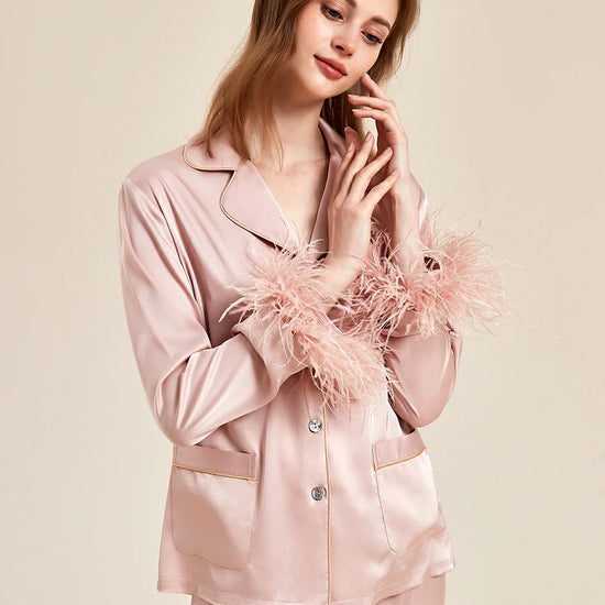 Slessic Classic Spring And Summer Fancy Satin Detachable Ostrich Feather Long-Sleeved Pocket Nightwear Loungewear Pajama Set