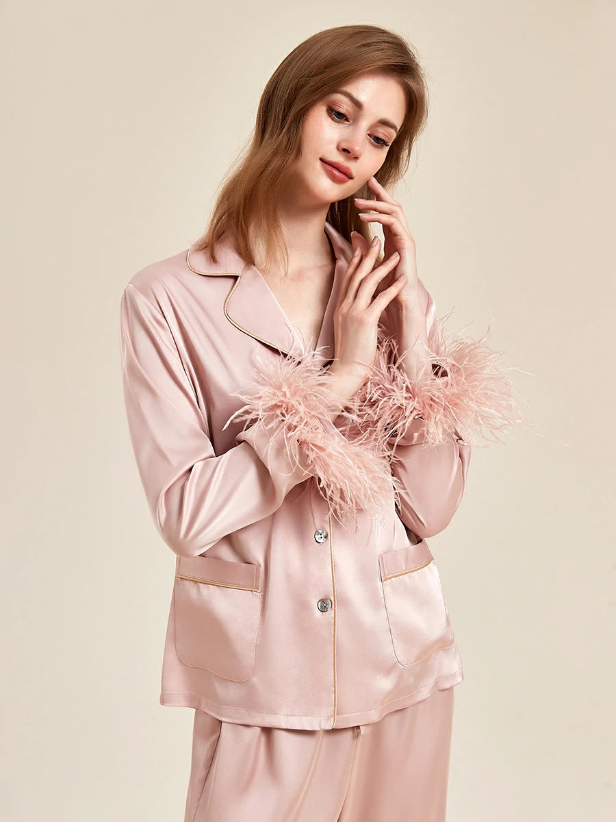 Slessic Classic Spring And Summer Fancy Satin Detachable Ostrich Feather Long-Sleeved Pocket Nightwear Loungewear Pajama Set