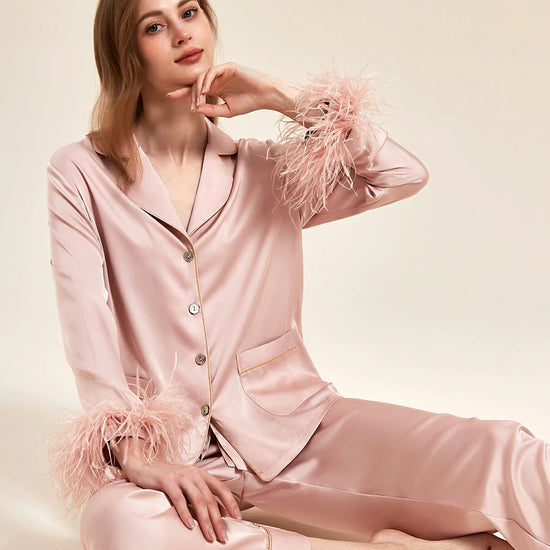 Slessic Classic Spring And Summer Fancy Satin Detachable Ostrich Feather Long-Sleeved Pocket Nightwear Loungewear Pajama Set