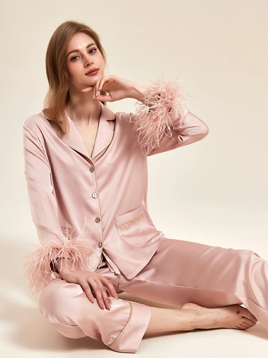 Slessic Classic Spring And Summer Fancy Satin Detachable Ostrich Feather Long-Sleeved Pocket Nightwear Loungewear Pajama Set