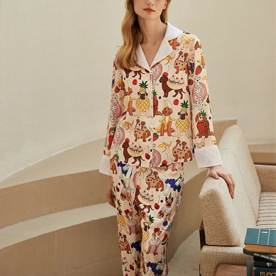 Women's silky pajama pants set with cute puppy print design