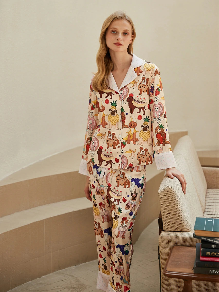 Women's silky pajama pants set with cute puppy print design
