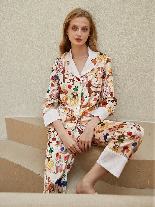 Slessic Women's Silk Satin Pajama Set Long Sleeve Button Down Top and Pants Whimsical Dog and Fruit Dessert Print Luxury 2-Piece Sleepwear Set