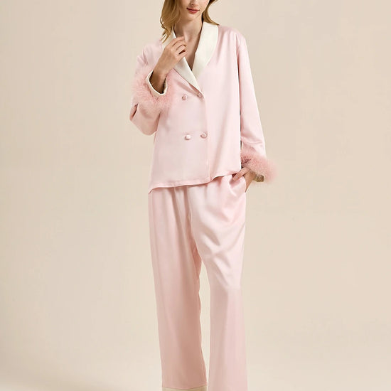 Slessic Two-Piece Satin Sleepwear Set with Fleece Lining for Warmth and Feather Trim Cuffs Double-Breasted Button Down Pajamas for Women Loungewear
