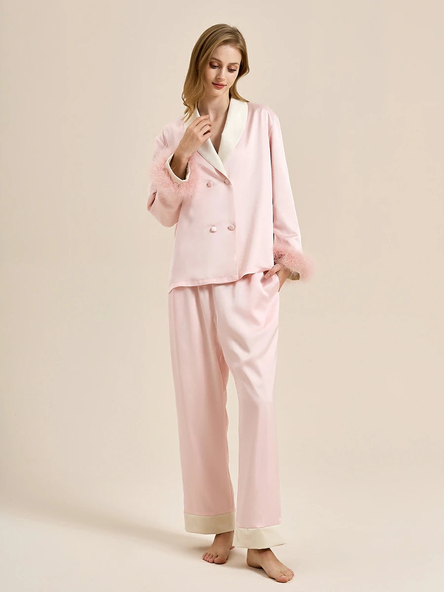 Slessic Two-Piece Satin Sleepwear Set with Fleece Lining for Warmth and Feather Trim Cuffs Double-Breasted Button Down Pajamas for Women Loungewear