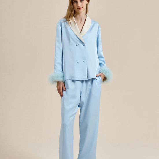 Slessic Two-Piece Satin Sleepwear Set with Fleece Lining for Warmth and Feather Trim Cuffs Double-Breasted Button Down Pajamas for Women Loungewear