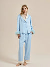 Powder blue luxury satin pajama set with feather cuffs