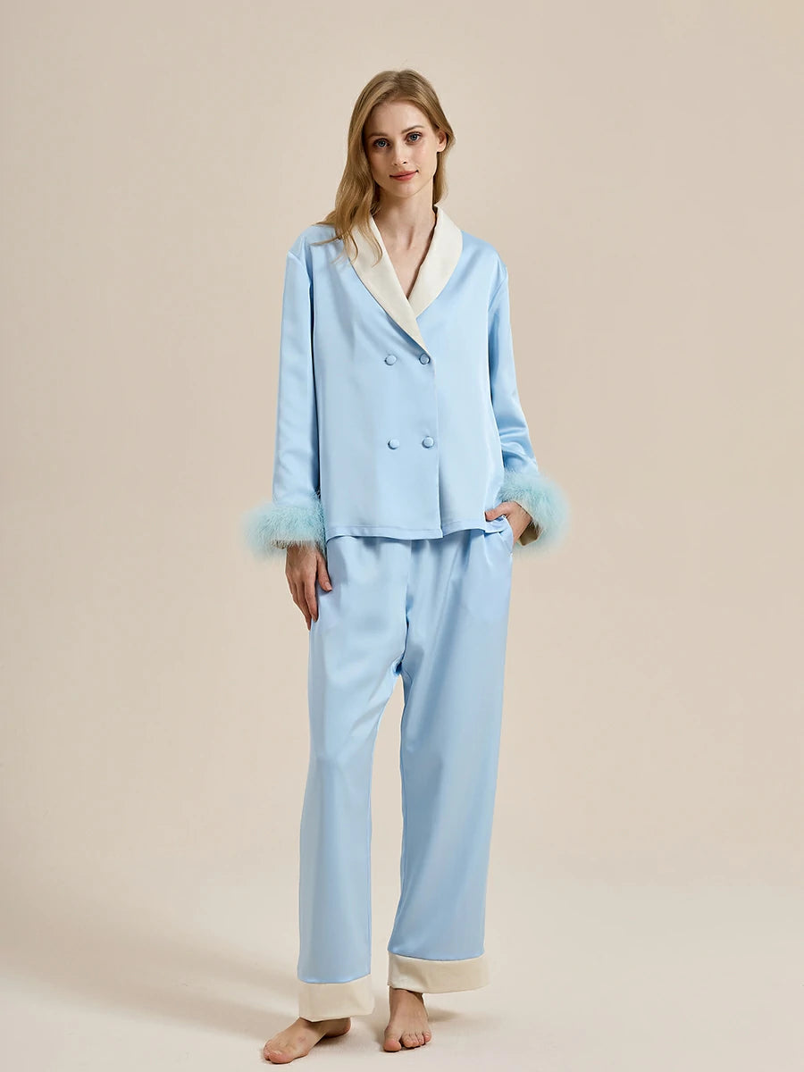 Slessic Two-Piece Satin Sleepwear Set with Fleece Lining for Warmth and Feather Trim Cuffs Double-Breasted Button Down Pajamas for Women Loungewear