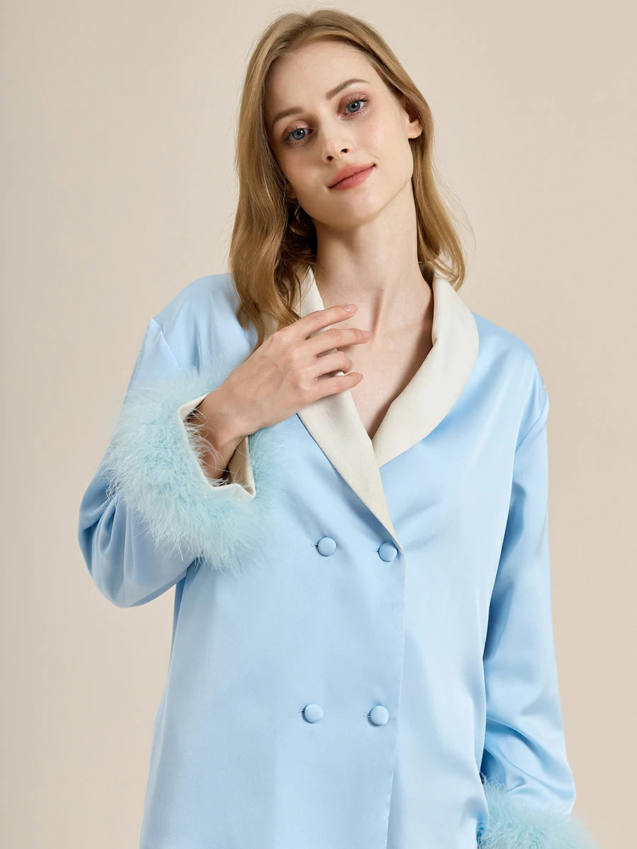 Slessic Two-Piece Satin Sleepwear Set with Fleece Lining for Warmth and Feather Trim Cuffs Double-Breasted Button Down Pajamas for Women Loungewear