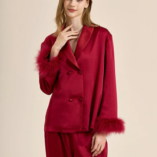 Slessic Two-Piece Satin Sleepwear Set with Fleece Lining for Warmth and Feather Trim Cuffs Double-Breasted Button Down Pajamas for Women Loungewear