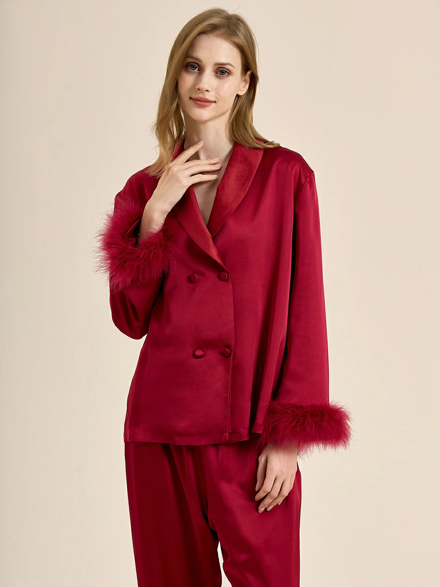 Slessic Two-Piece Satin Sleepwear Set with Fleece Lining for Warmth and Feather Trim Cuffs Double-Breasted Button Down Pajamas for Women Loungewear